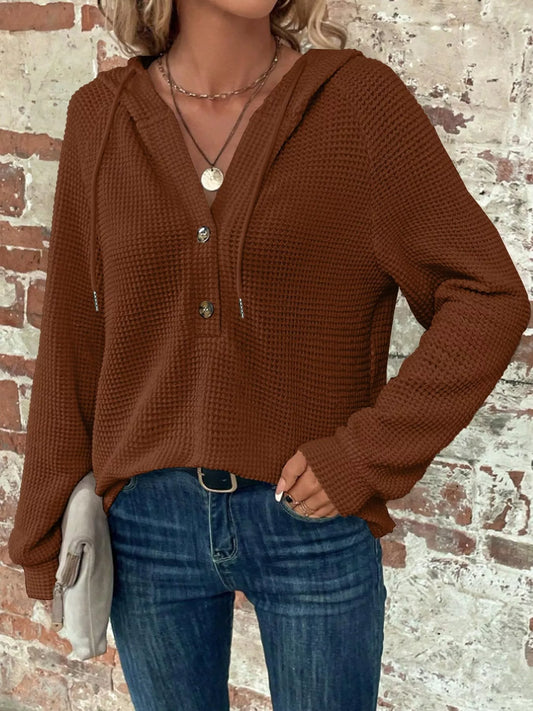 Waffle Knit Button Detail Hoodie - PBNJ FASHIONS
