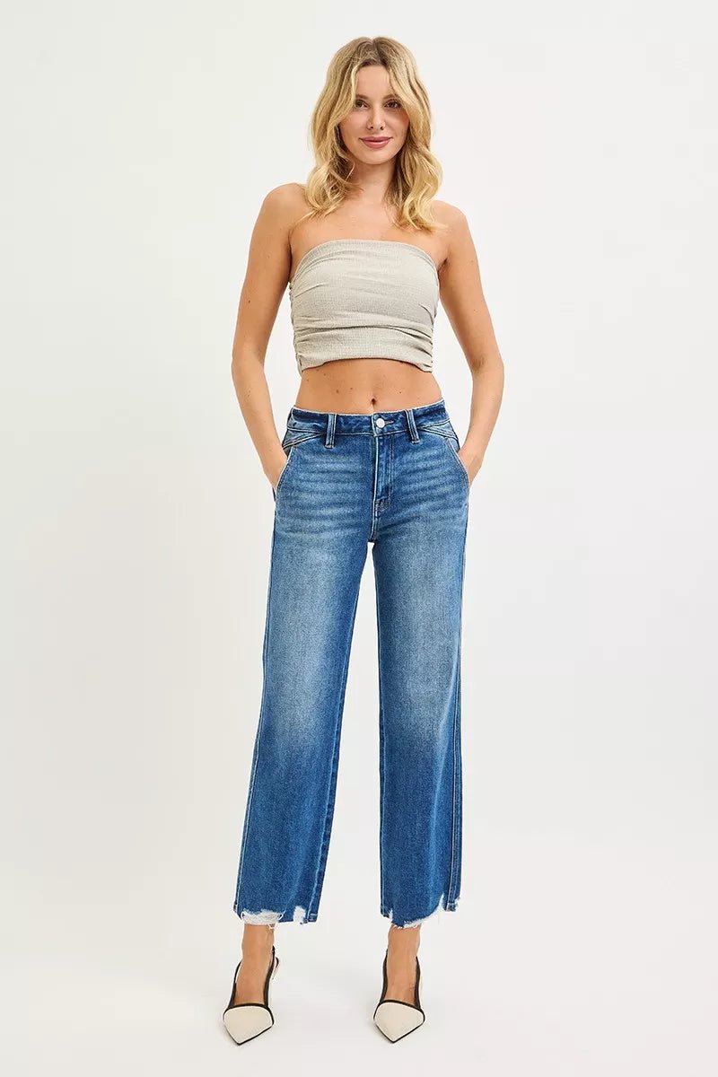 RISEN High Rise Ankle Straight Distressed Hem Detail Jeans - PBNJ FASHIONS