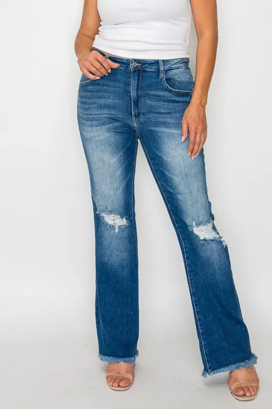 bytos Full Size Raw Hem Distressed High Rise Bootcut Jeans - PBNJ FASHIONS