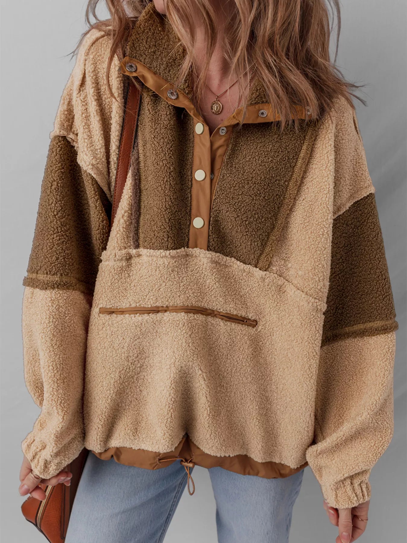 Color Block Patchwork Half Button Sherpa Sweatshirt - PBNJ FASHIONS