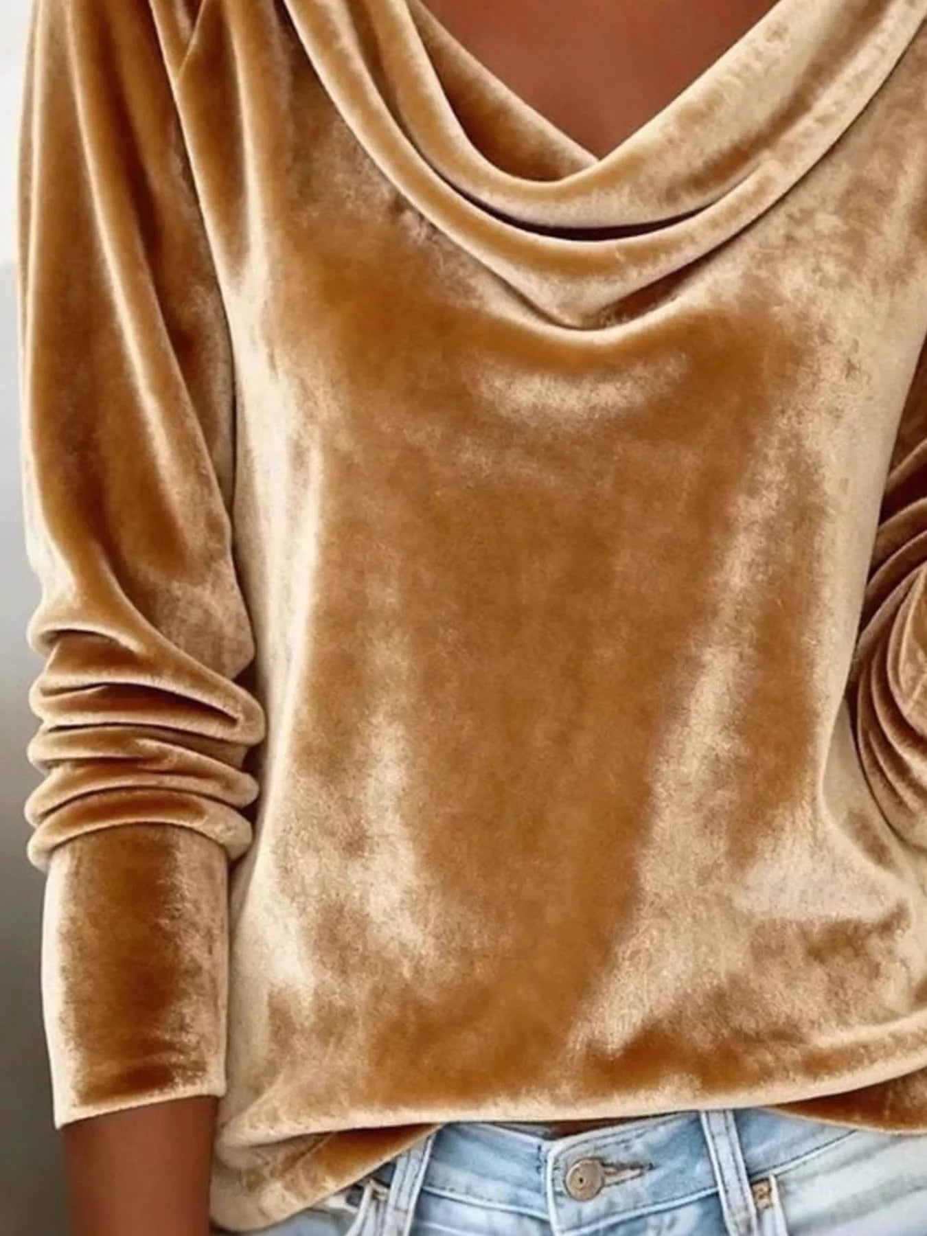 Velvet Cowl Neck Long Sleeve T-Shirt - PBNJ FASHIONS