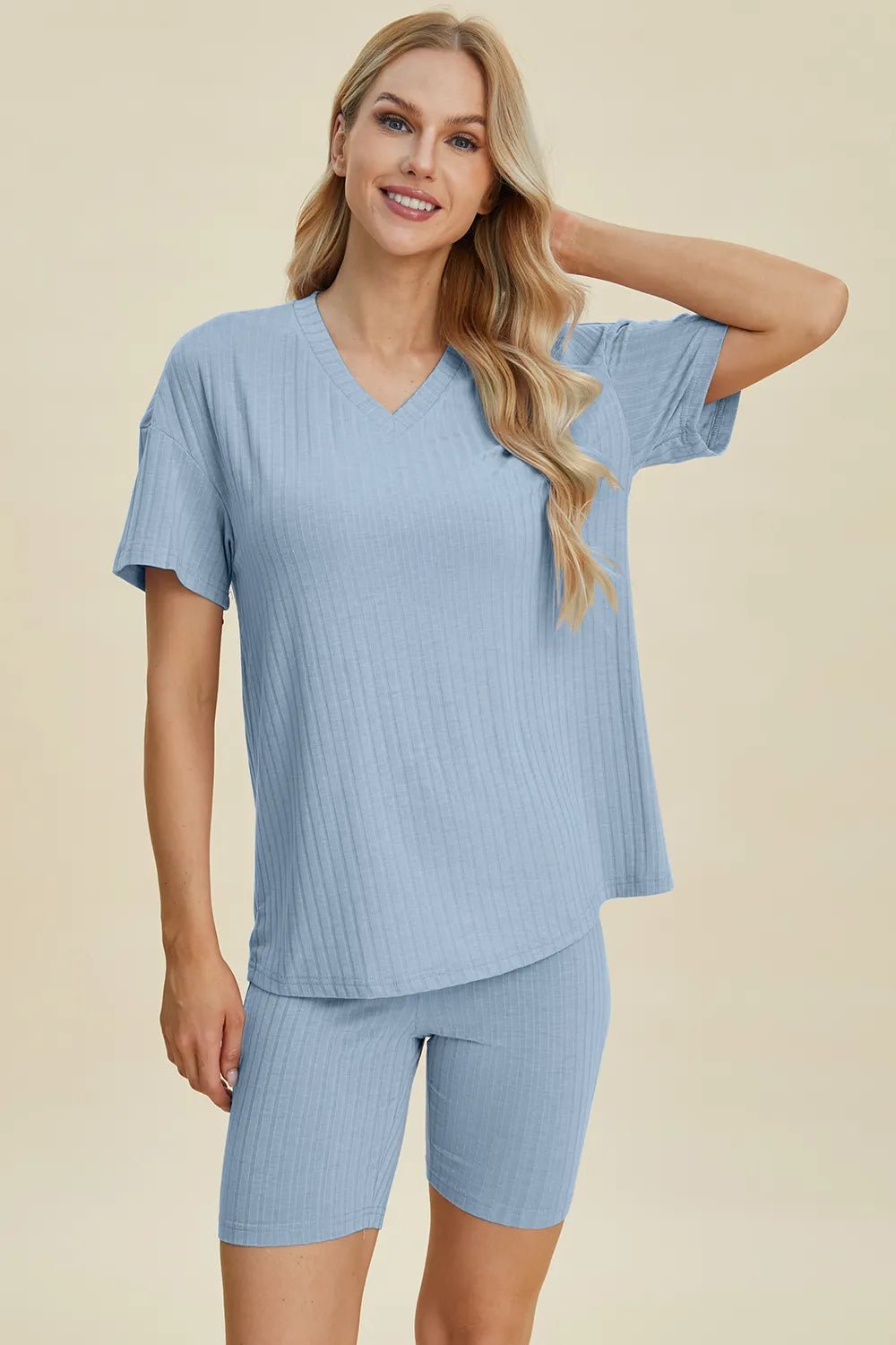 Basic Bae Full Size Ribbed V - Neck Short Sleeve Top and Shorts Set - PBNJ FASHIONS