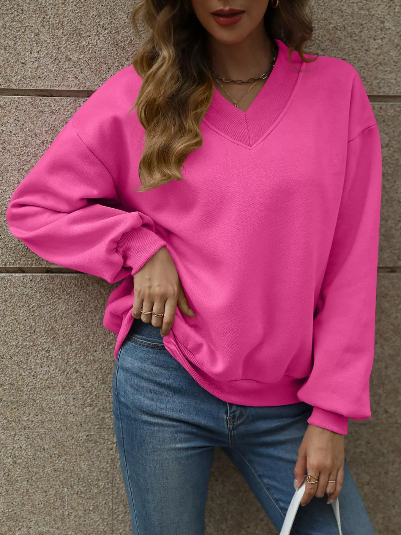 V - Neck Solid Color Casual Sweatshirt - PBNJ FASHIONS