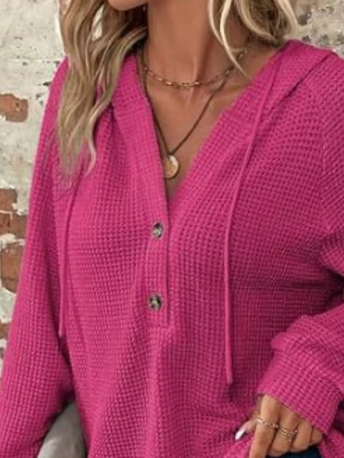 Waffle Knit Button Detail Hoodie - PBNJ FASHIONS