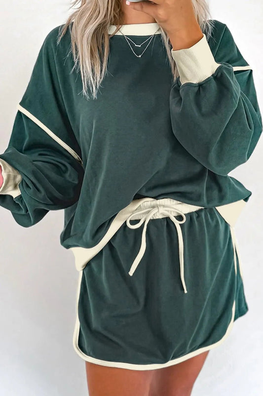 Contrast Trim Round Neck Top and Skort Set - PBNJ FASHIONS