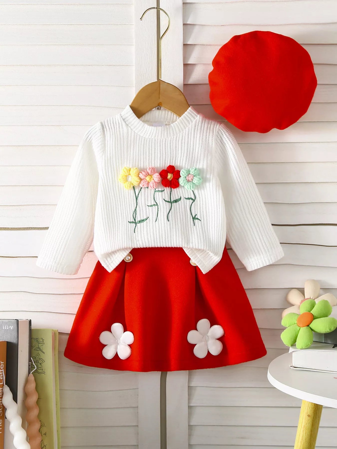Children's Floral Applique Ribbed Knit Top & Pleated Skirt Set with Hat - PBNJ FASHIONS
