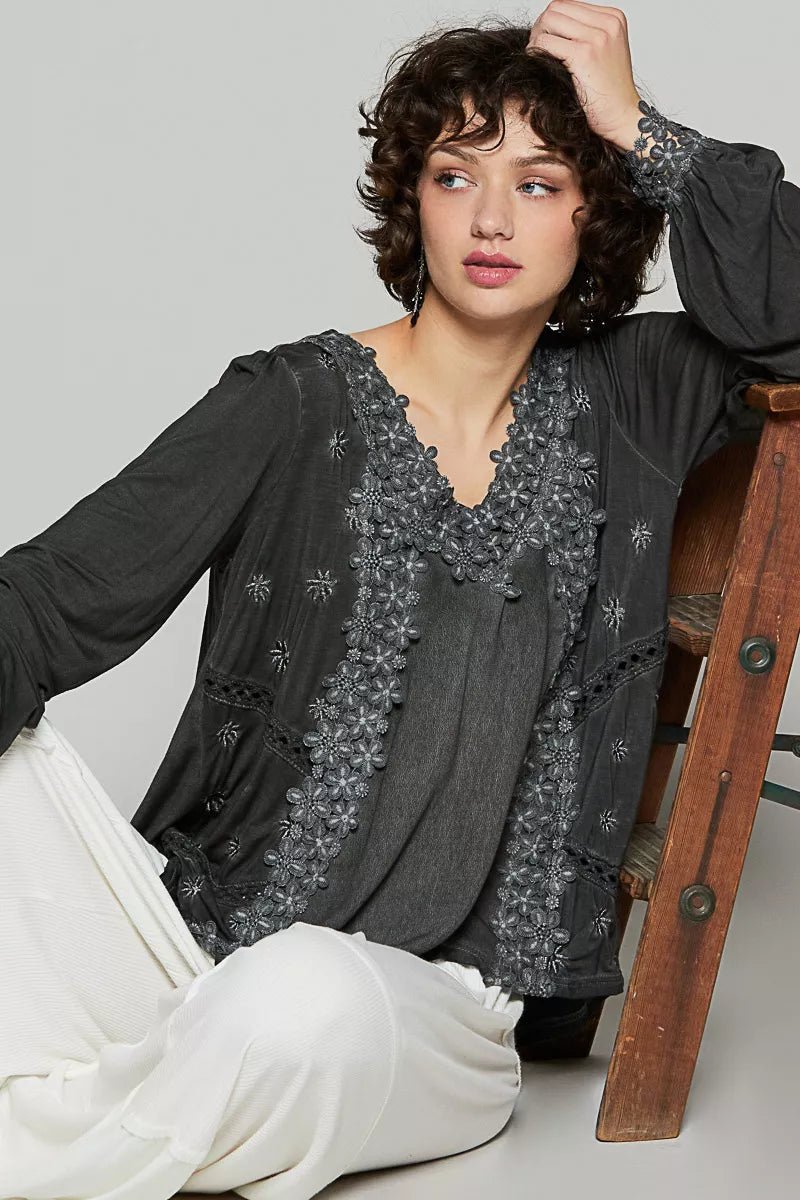 POL Floral Embroidery Woven Top with Lace Trim - PBNJ FASHIONS