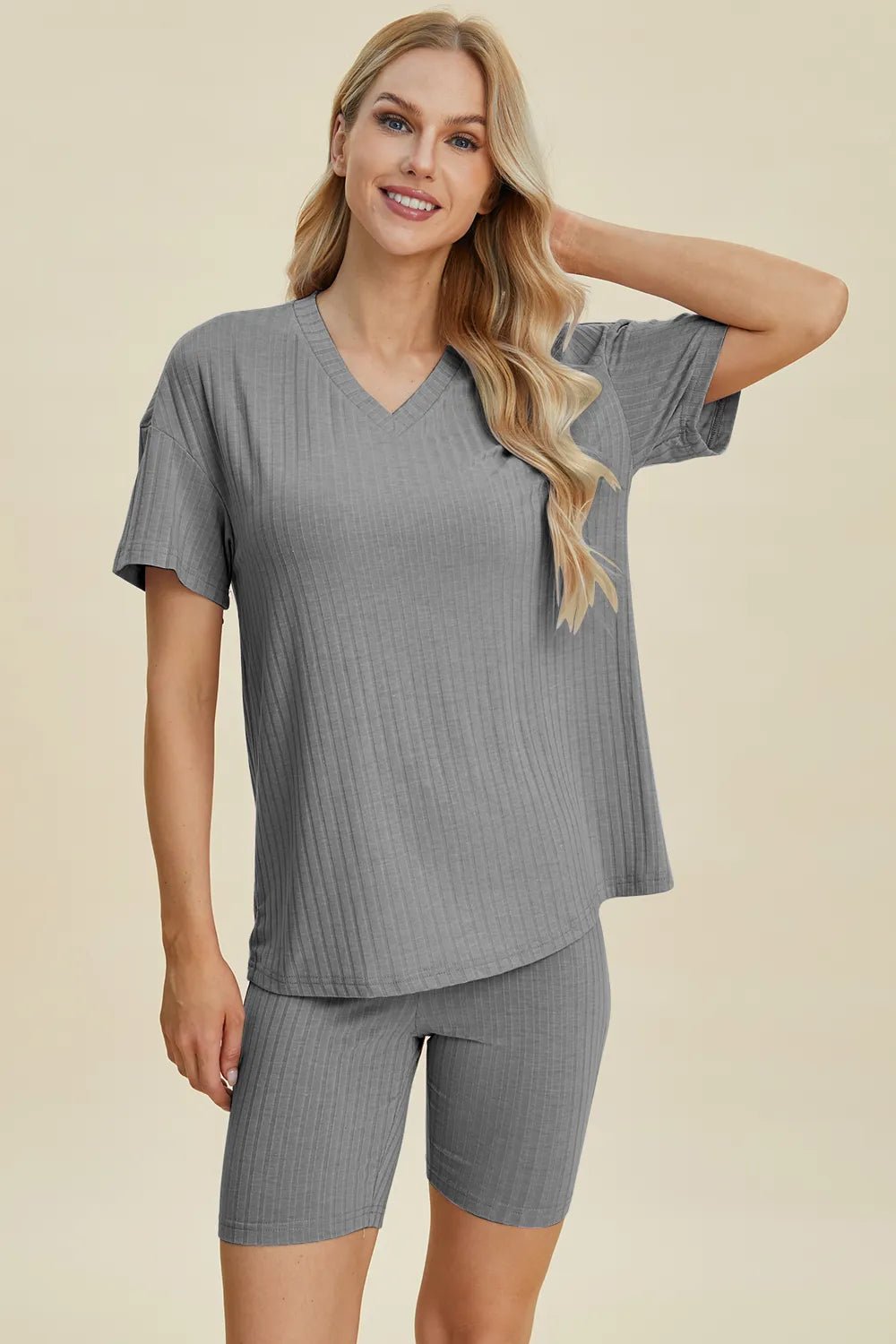 Basic Bae Full Size Ribbed V - Neck Short Sleeve Top and Shorts Set - PBNJ FASHIONS