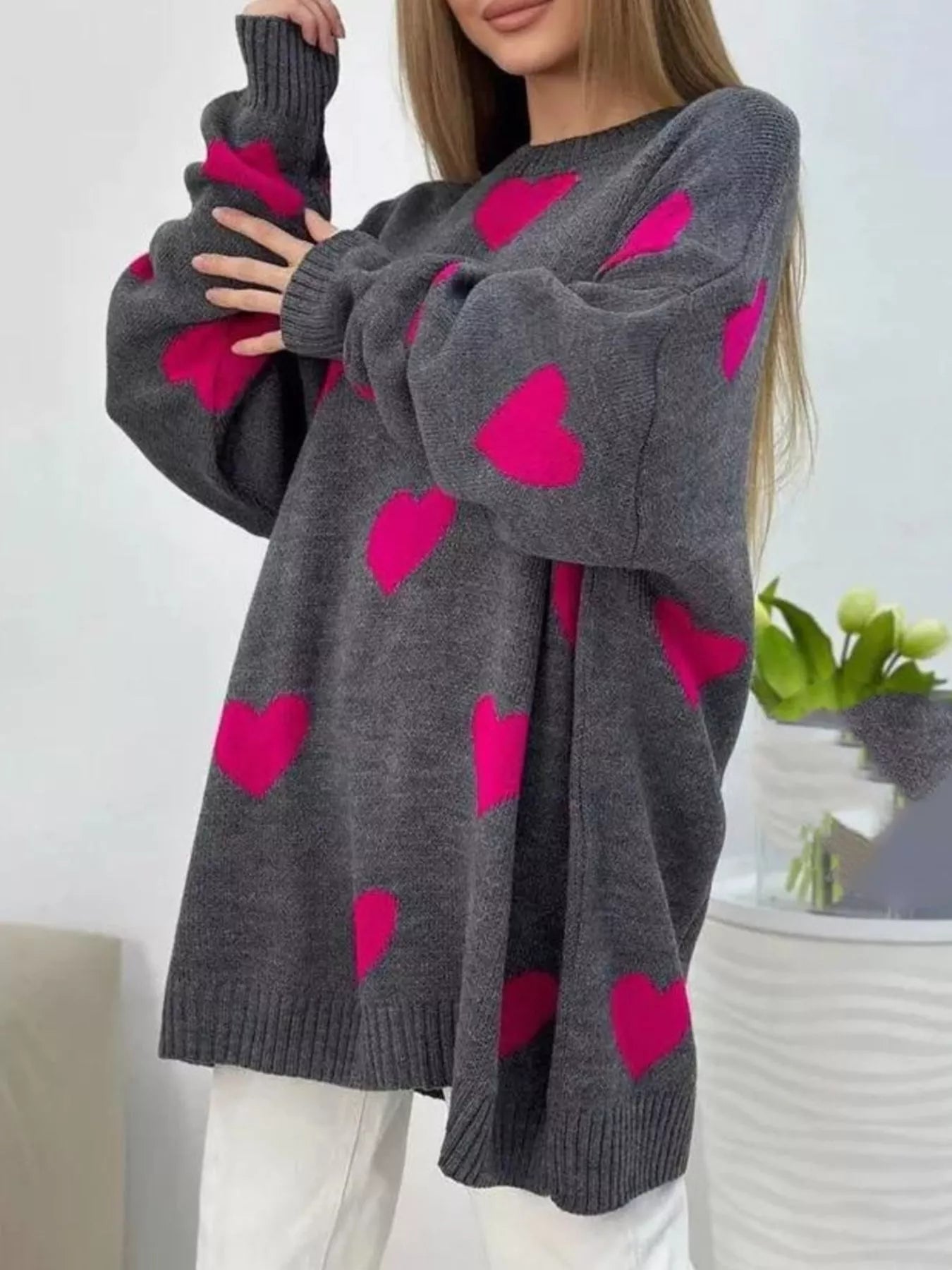 Heart Round Neck Oversized Knit Sweater - PBNJ FASHIONS