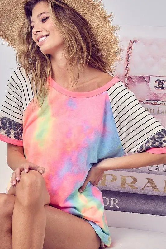 BiBi Tie Dye French Terry Top With Stripe Raglan - PBNJ FASHIONS