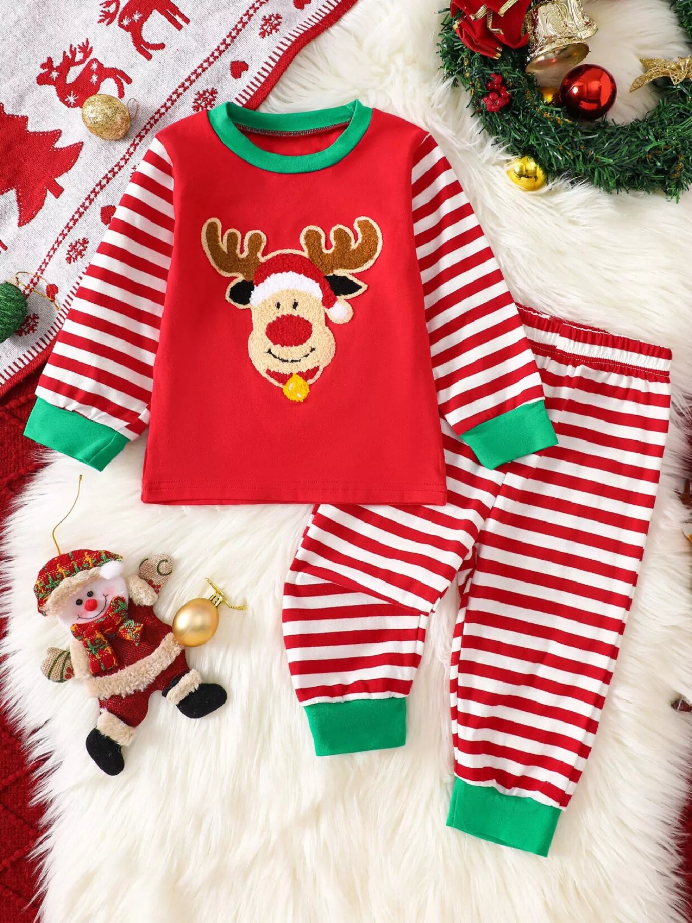 Children's Christmas Reindeer Striped Pajama Set - PBNJ FASHIONS