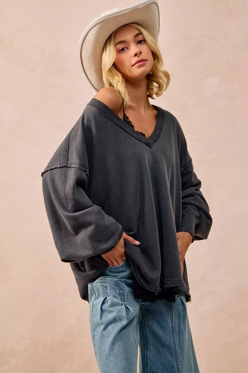 BiBi Mineral Washed French Terry Oversized Sweatshirt - PBNJ FASHIONS