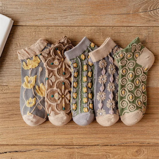 5 Pair Vintage Textured Ankle Socks Set - PBNJ FASHIONS