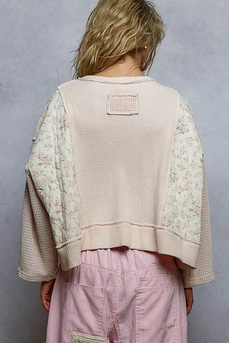 POL Mix Thermal Floral Pattern Quilted Knit Cropped Top with Raw Edge Detail - PBNJ FASHIONS