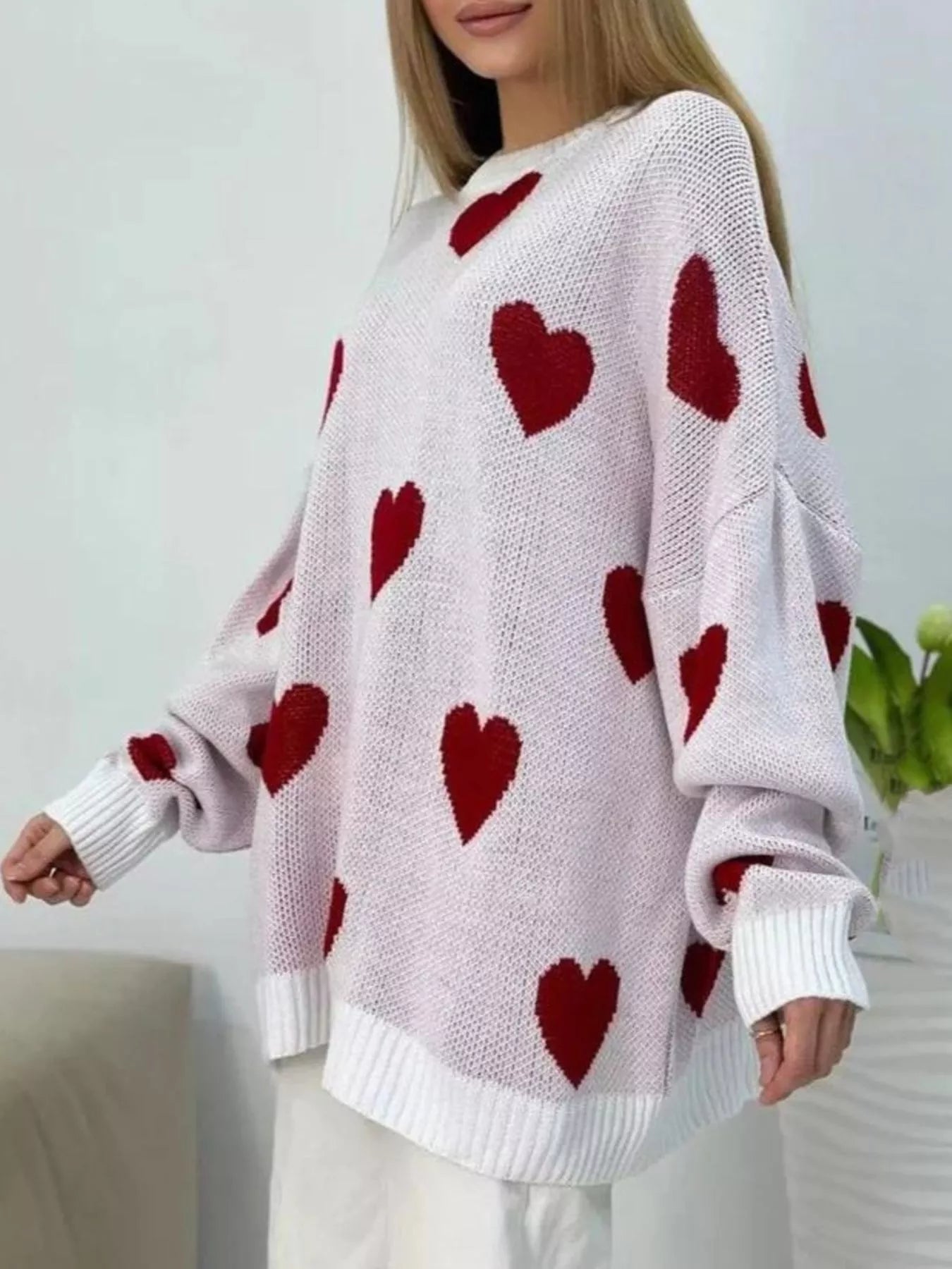 Heart Round Neck Oversized Knit Sweater - PBNJ FASHIONS