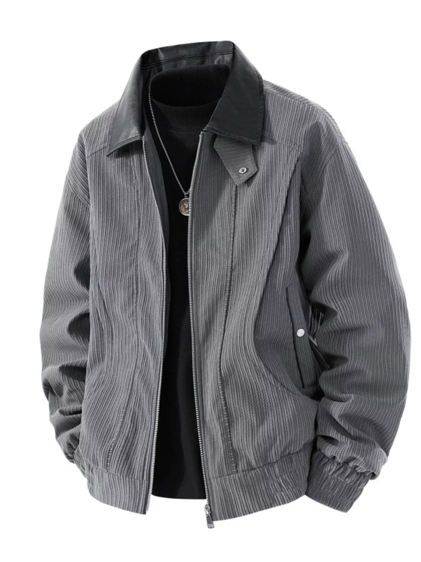 Men's Plus Size Zip Up Corduroy Jacket with Leather Collar - PBNJ FASHIONS