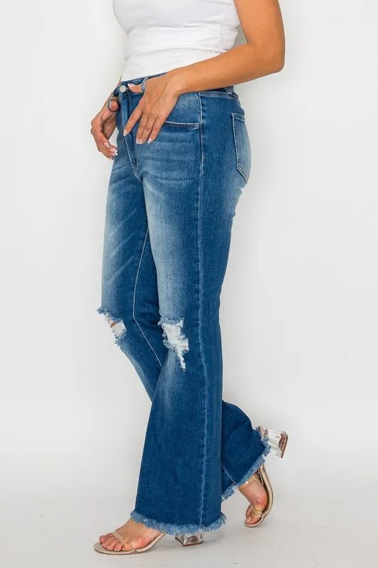 bytos Full Size Raw Hem Distressed High Rise Bootcut Jeans - PBNJ FASHIONS