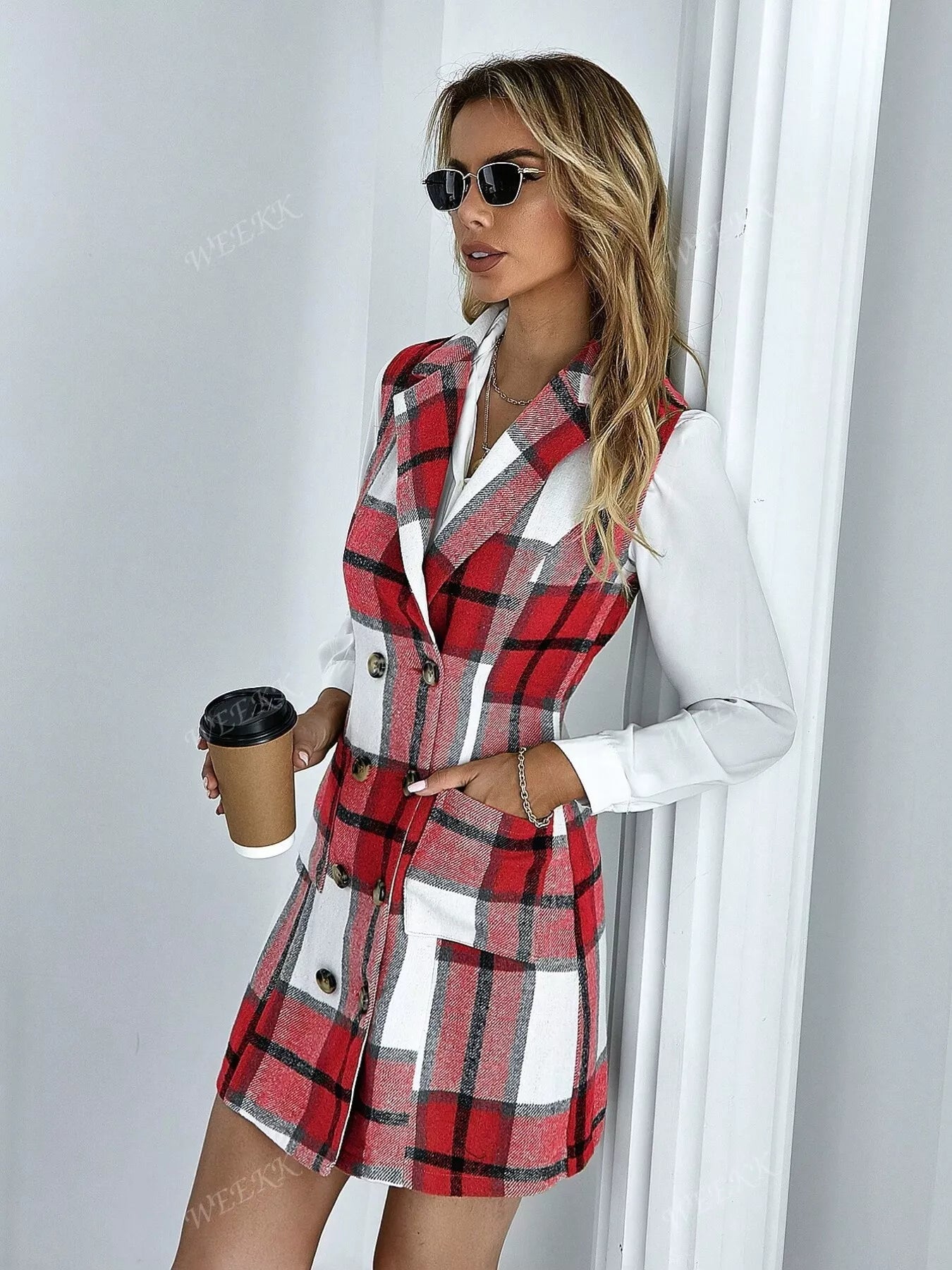 Plaid Double - Breasted Sleeveless Blazer Dress - PBNJ FASHIONS