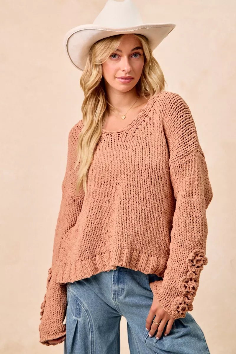BiBi Chunky Knit Sweater with Flower Detail Sleeves - PBNJ FASHIONS
