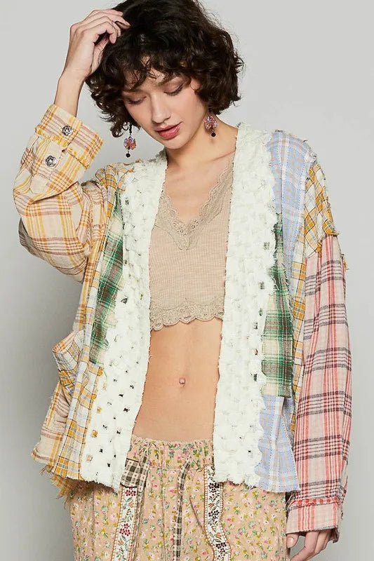 POL Raw Edge Plaid Open Front Cardigan - PBNJ FASHIONS