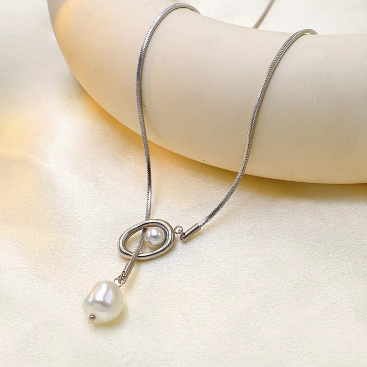 Gold-Plated Pearl Necklace, Stainless Steel Chain, Silver-Plated, 24.4" Length - PBNJ FASHIONS