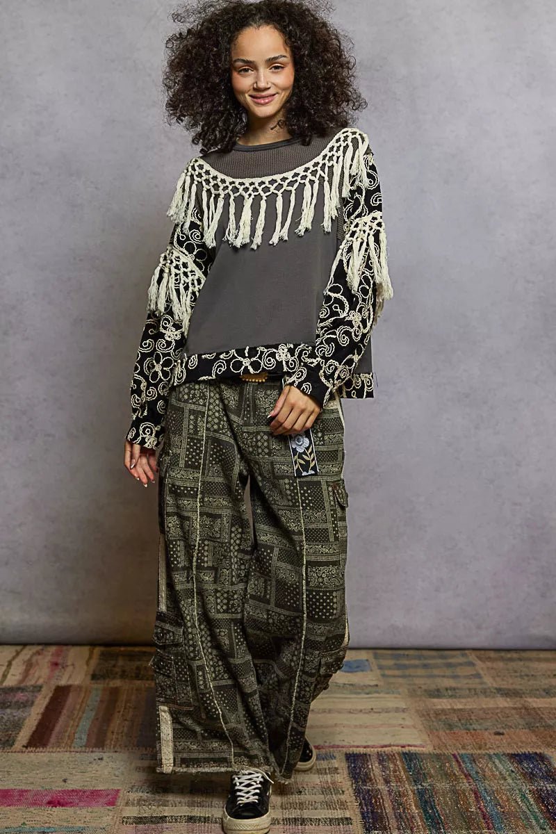 POL Contrast Floral Embroidery Balloon Sleeve Top with Tassel Trim - PBNJ FASHIONS