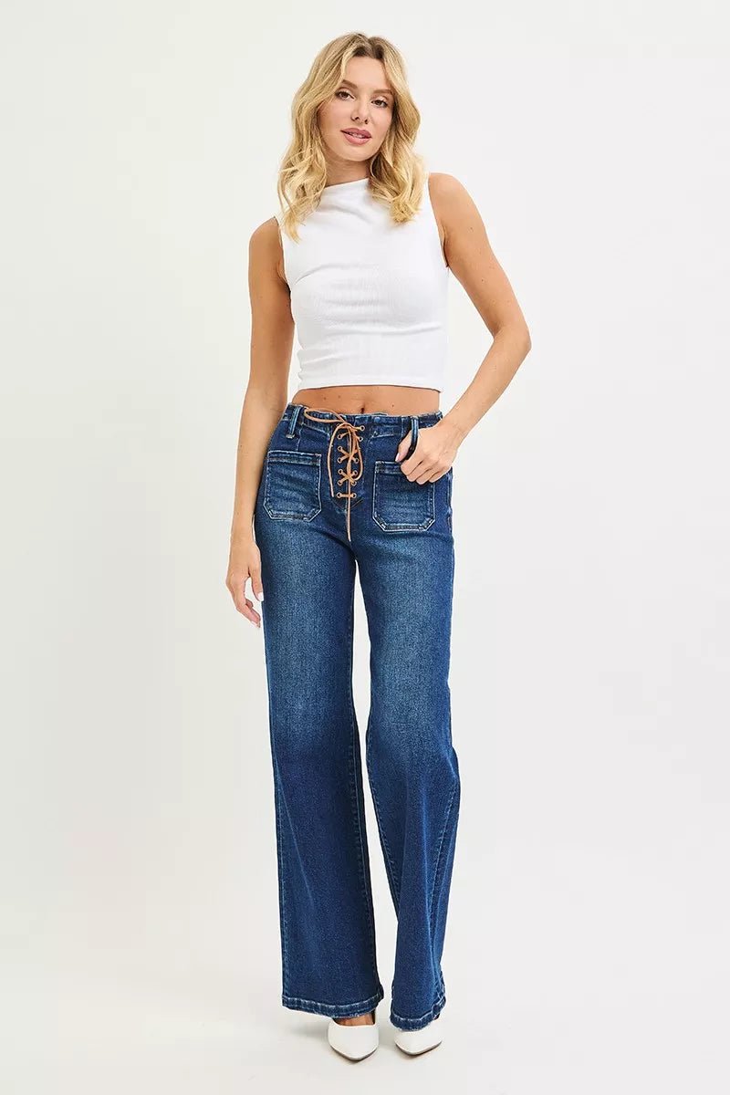 RISEN Full Size High Rise Wide Leg Jeans with Front Tie Detail Plus Size - PBNJ FASHIONS