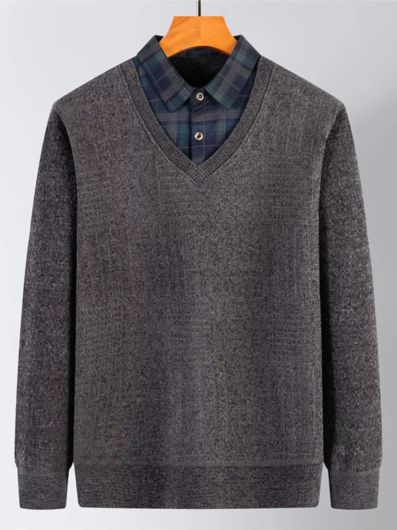 Men's Plus Size Layered Look Plaid Collar Sweater - PBNJ FASHIONS