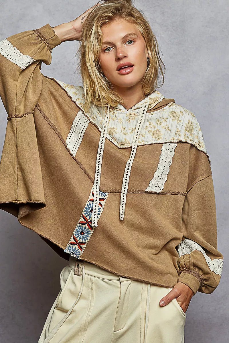 POL Drawstring French Terry Hoodie with Gauze Print Patch - PBNJ FASHIONS