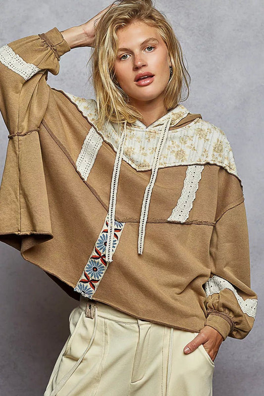 POL Drawstring French Terry Hoodie with Gauze Print Patch - PBNJ FASHIONS