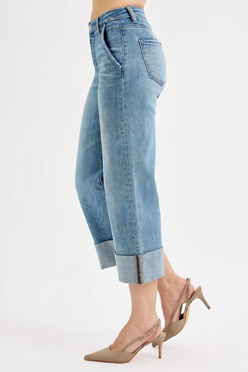RISEN Full Size Tummy Control High Rise Ankle Wide Cuffed Jeans Plus Size - PBNJ FASHIONS