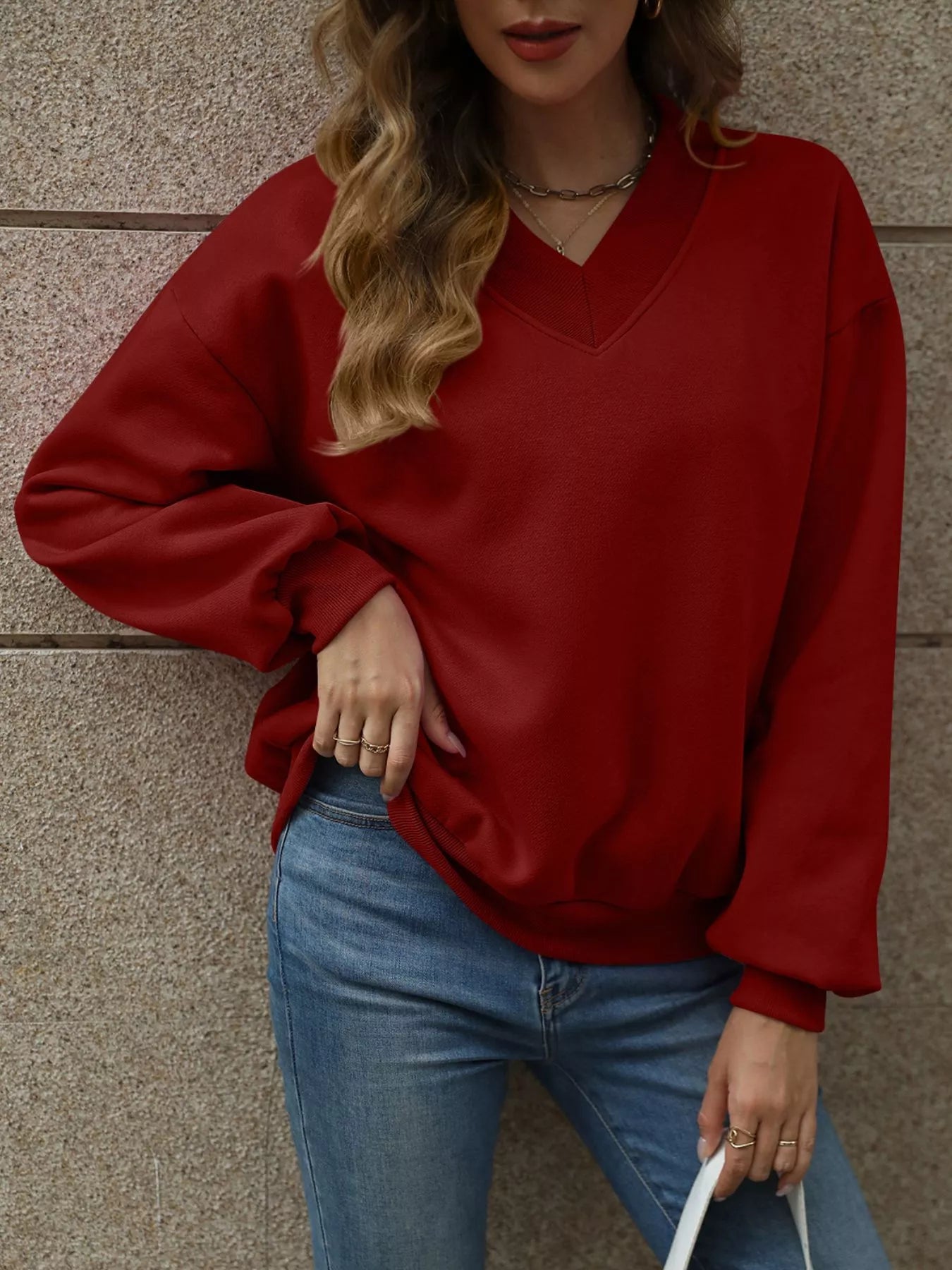 V - Neck Solid Color Casual Sweatshirt - PBNJ FASHIONS