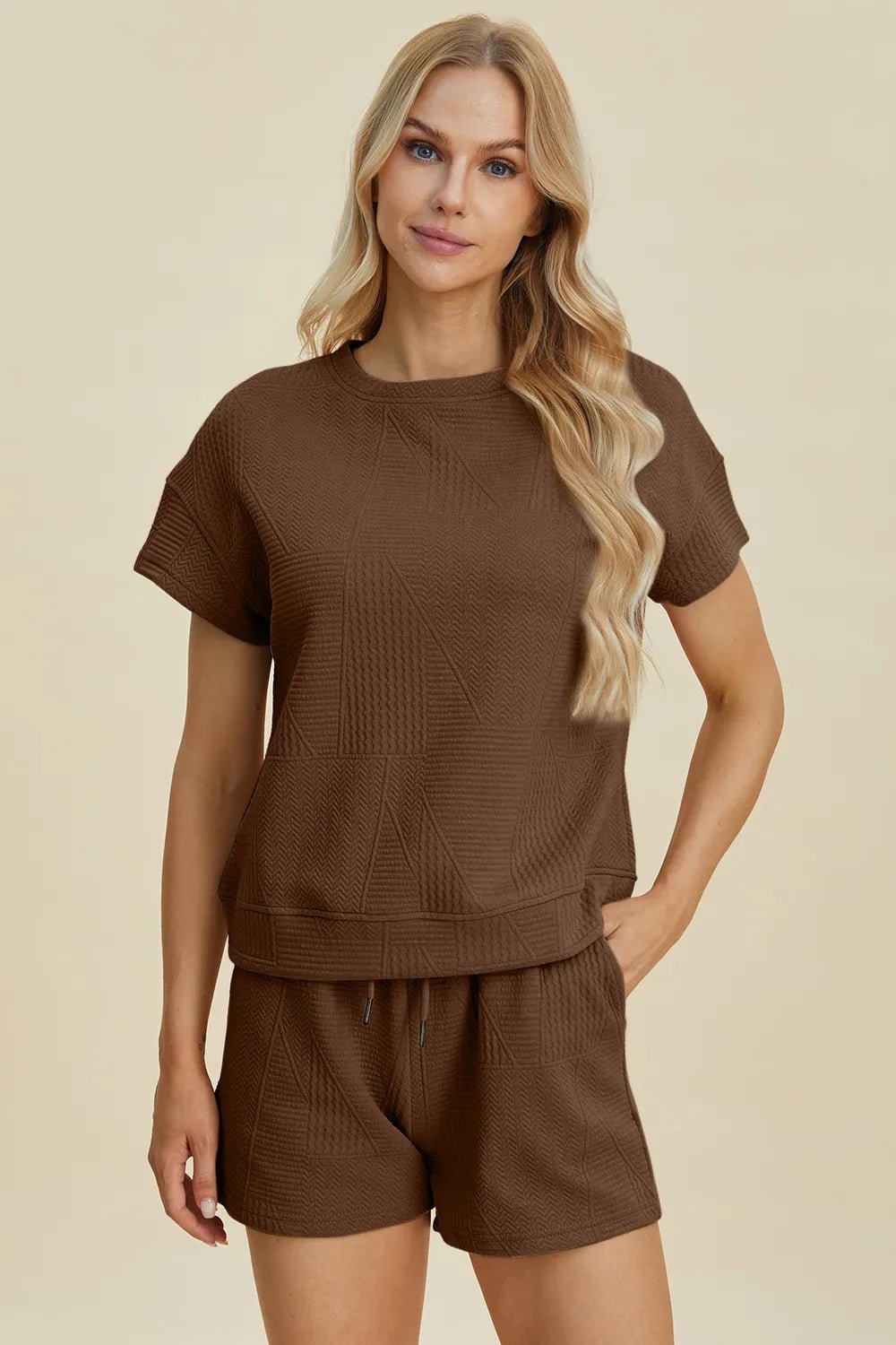Double Take Full Size Texture Short Sleeve Top and Shorts Set - PBNJ FASHIONS