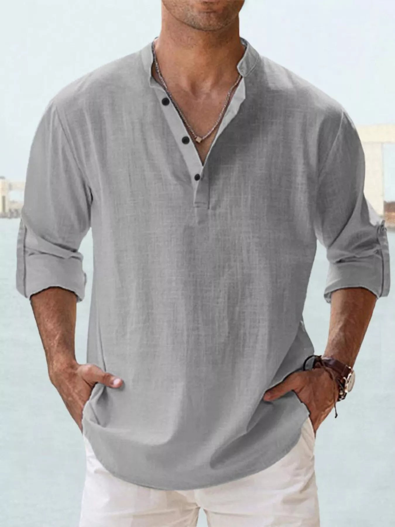 Men's Full Size Casual Button Detail Roll - Up Sleeve Blouse Plus Size - PBNJ FASHIONS
