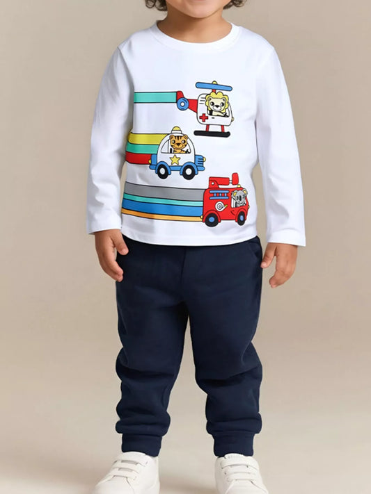 Children's Cartoon Vehicle Print Long Sleeve T-Shirt - PBNJ FASHIONS