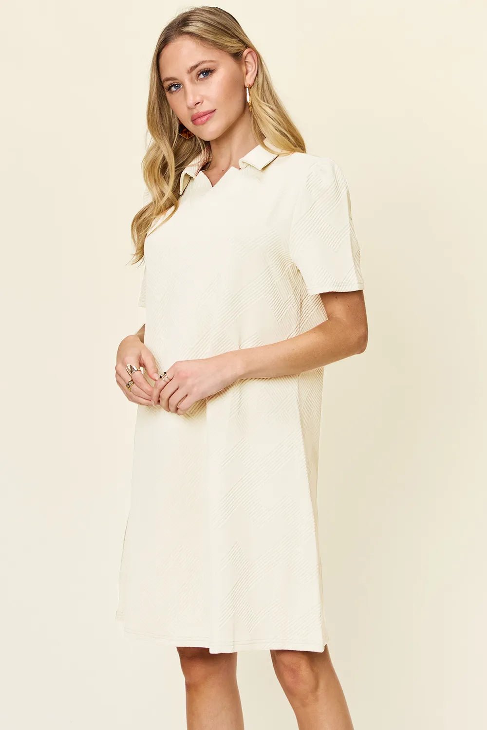 Double Take Full Size Texture Collared Neck Short Sleeve Dress - PBNJ FASHIONS
