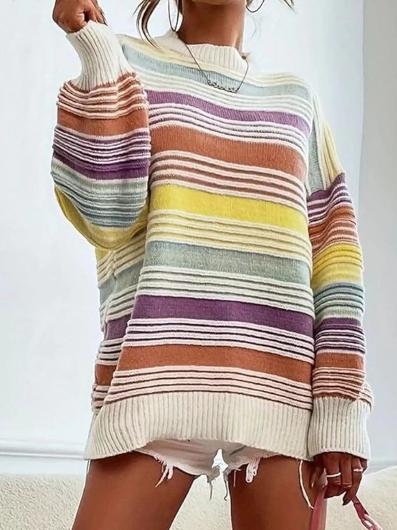 Striped Knit Long Sleeve Sweater - PBNJ FASHIONS
