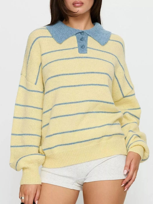 Striped Polo Collar Long Sleeve Sweater - PBNJ FASHIONS