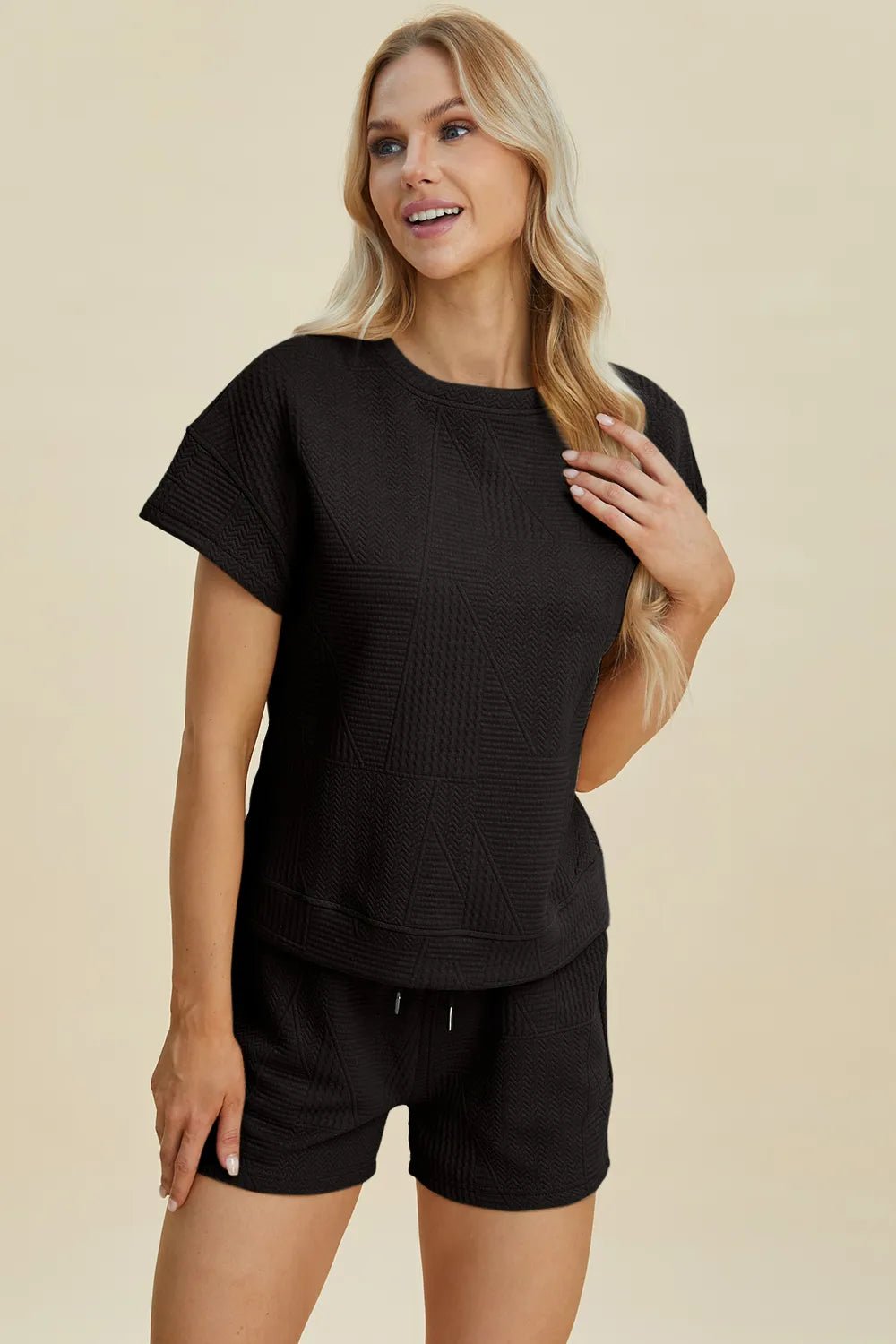 Double Take Full Size Texture Short Sleeve Top and Shorts Set - PBNJ FASHIONS