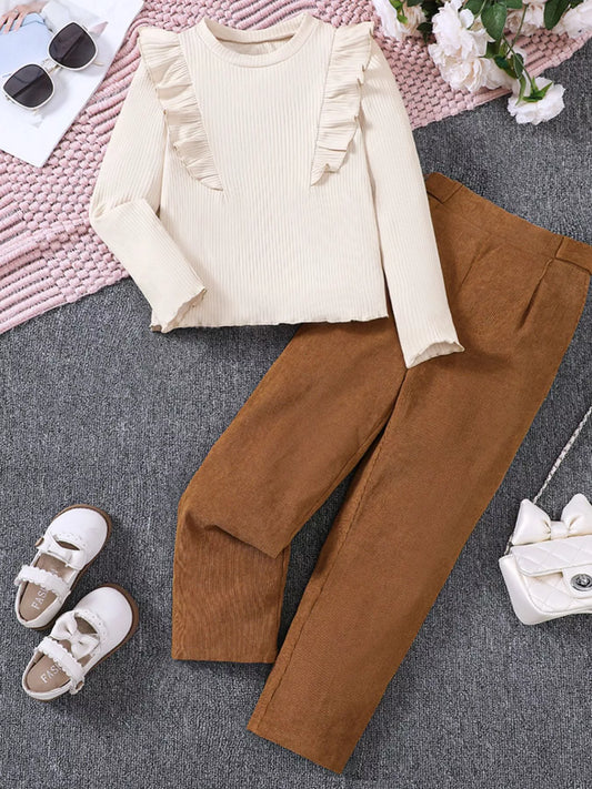Children's Ruffle Trim Ribbed Top & Corduroy Pants Set - PBNJ FASHIONS