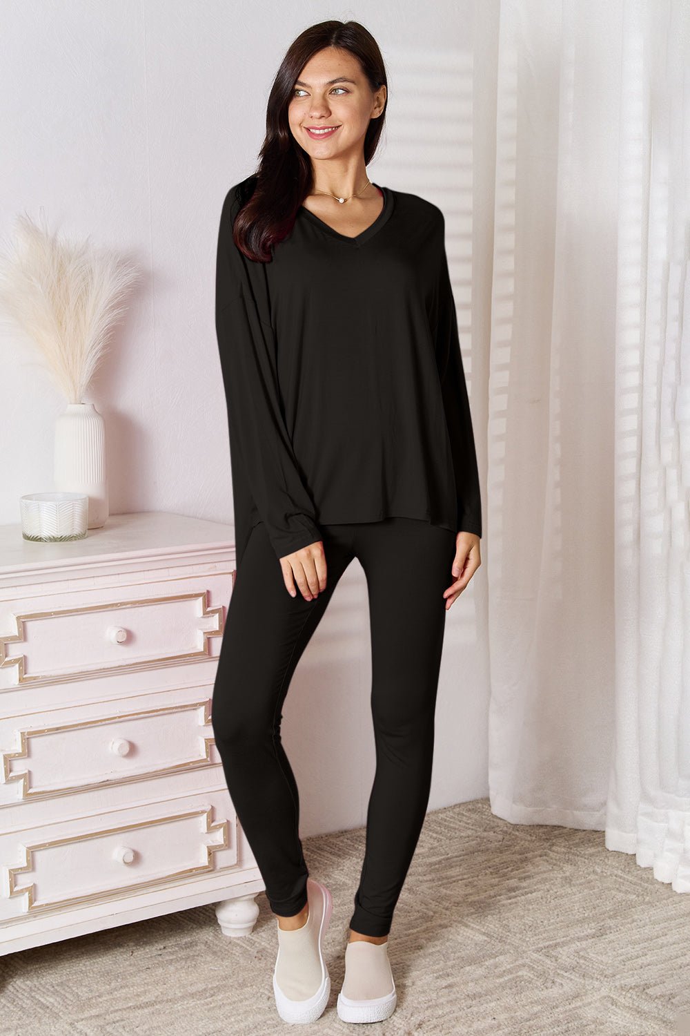 Basic Bae Full Size V - Neck Soft Rayon Long Sleeve Top and Pants Lounge Set - PBNJ FASHIONS