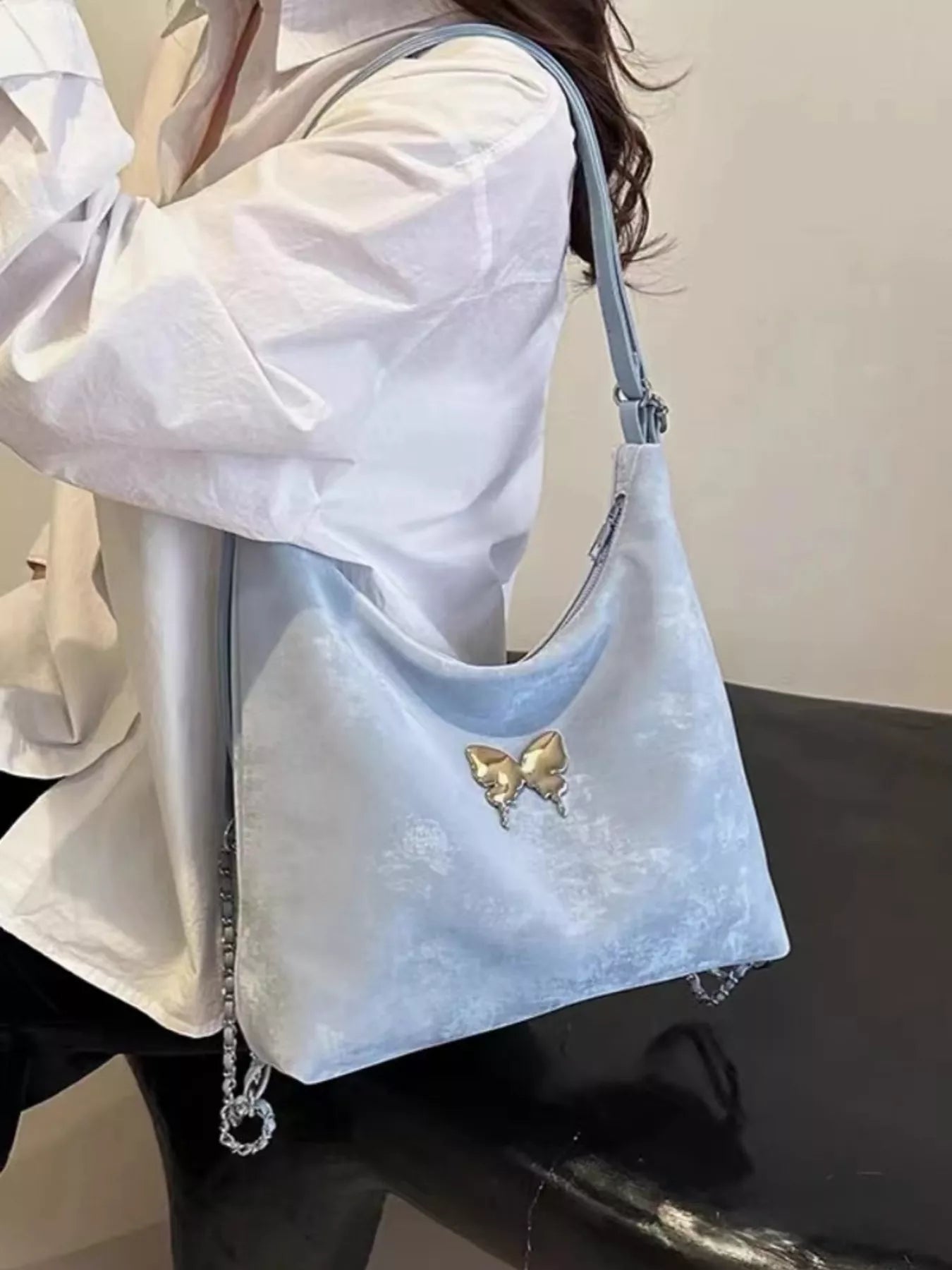 Convertible Shoulder Bag with Butterfly Decor - BlueOne Size