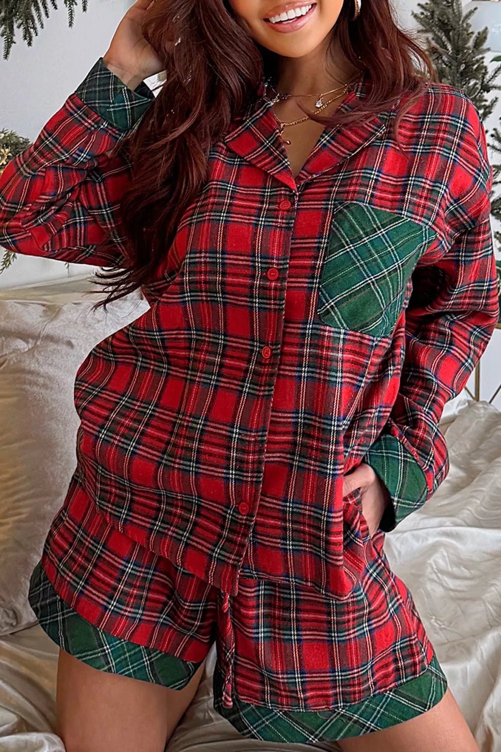 Plaid Contrast Patched Christmas Holiday Long Sleeve Shirt and Short 2pcs Pajama Set - PBNJ FASHIONS