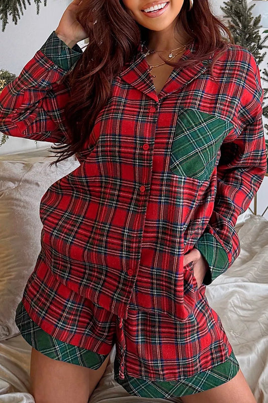 Plaid Contrast Patched Christmas Holiday Long Sleeve Shirt and Short 2pcs Pajama Set - PBNJ FASHIONS