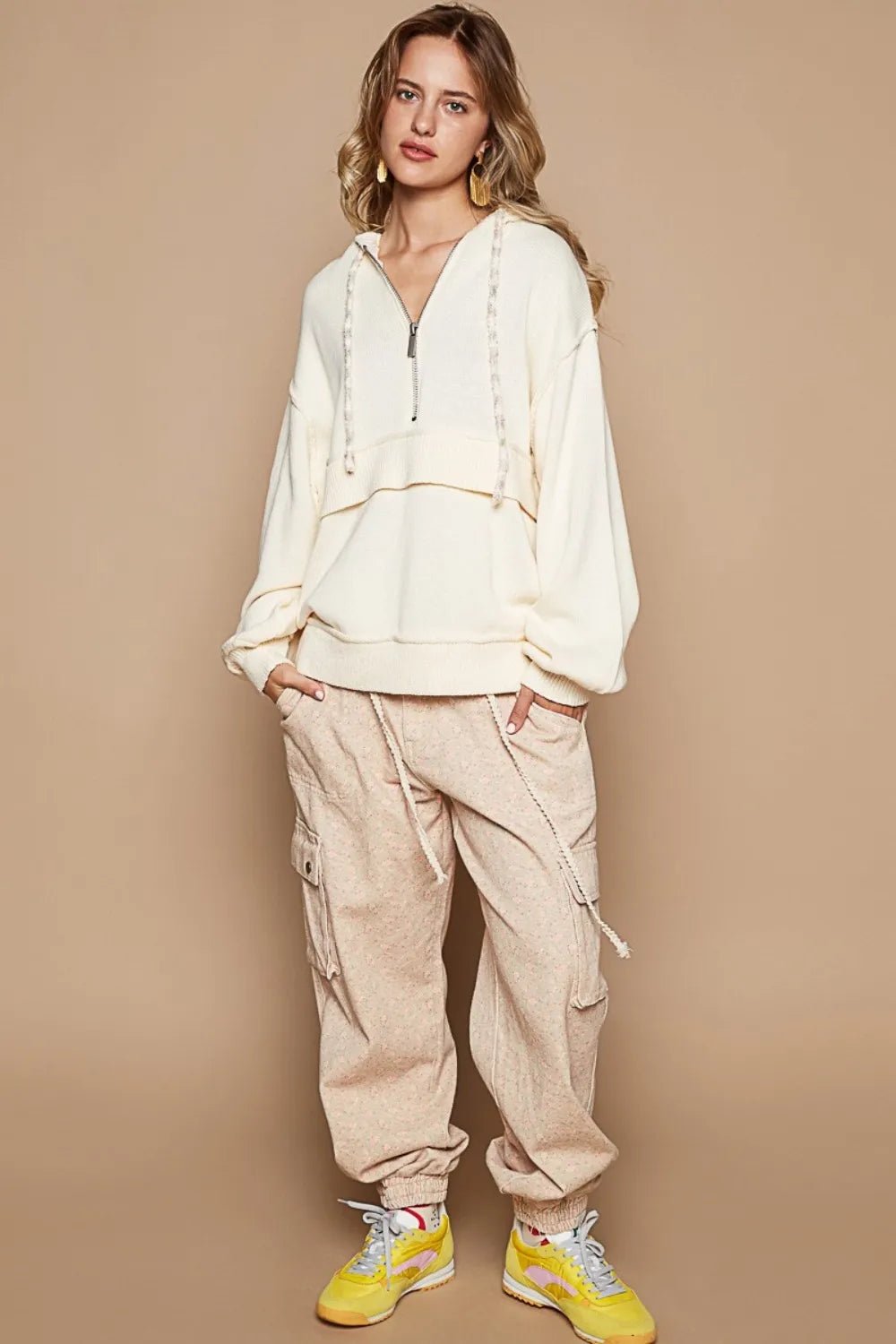POL Half Zip Drop Shoulder Hooded Sweater - PBNJ FASHIONS
