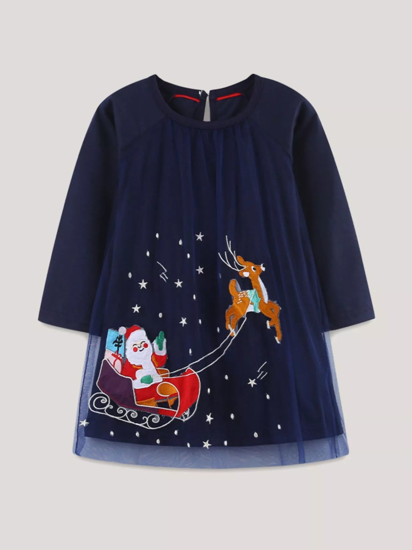 Children's Christmas Santa & Reindeer Embroidered Tulle Dress - PBNJ FASHIONS