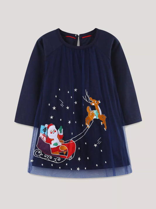 Children's Christmas Santa & Reindeer Embroidered Tulle Dress - PBNJ FASHIONS