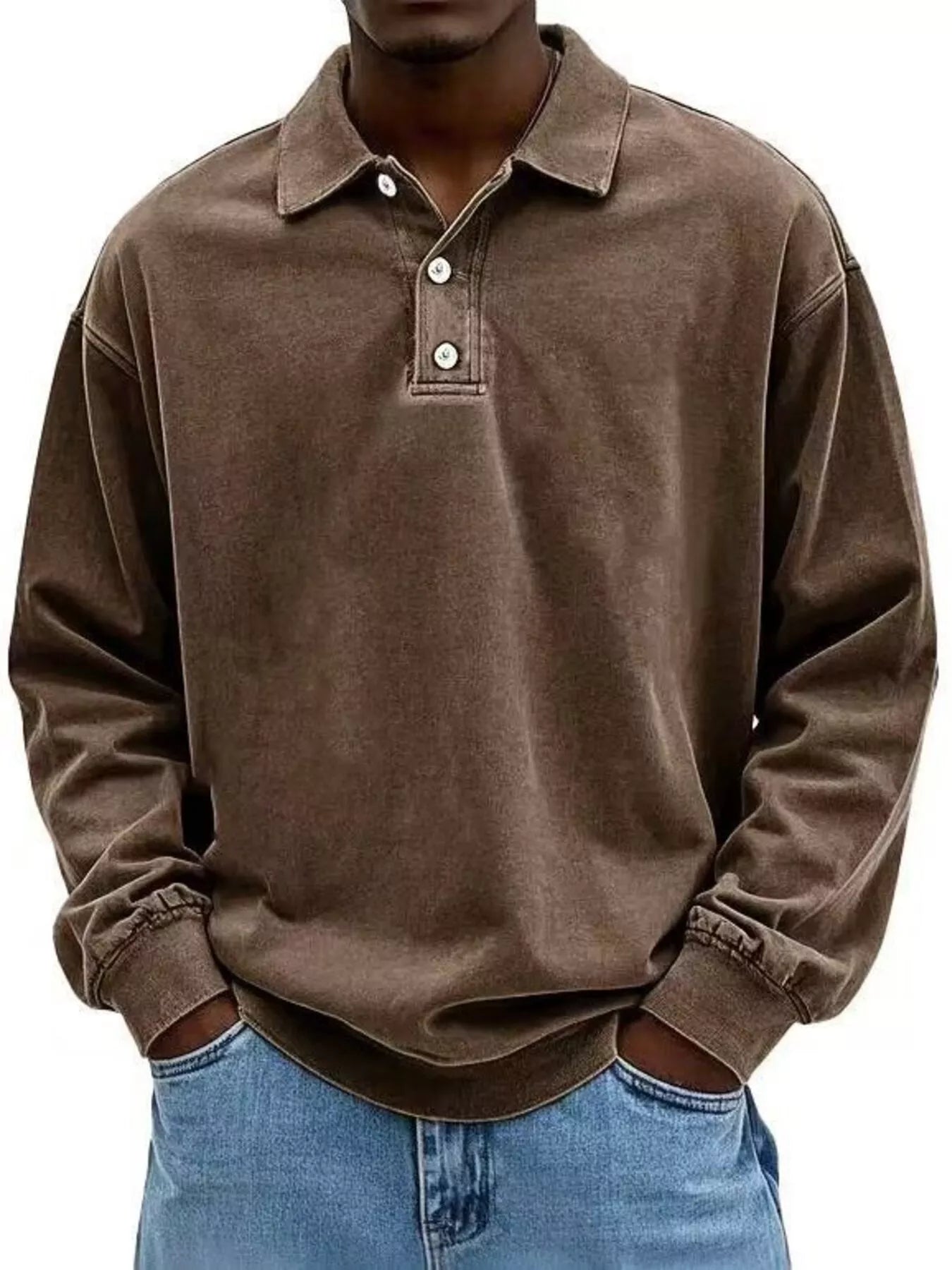 Men's Full Size Washed Long Sleeve Polo Plus Size - PBNJ FASHIONS