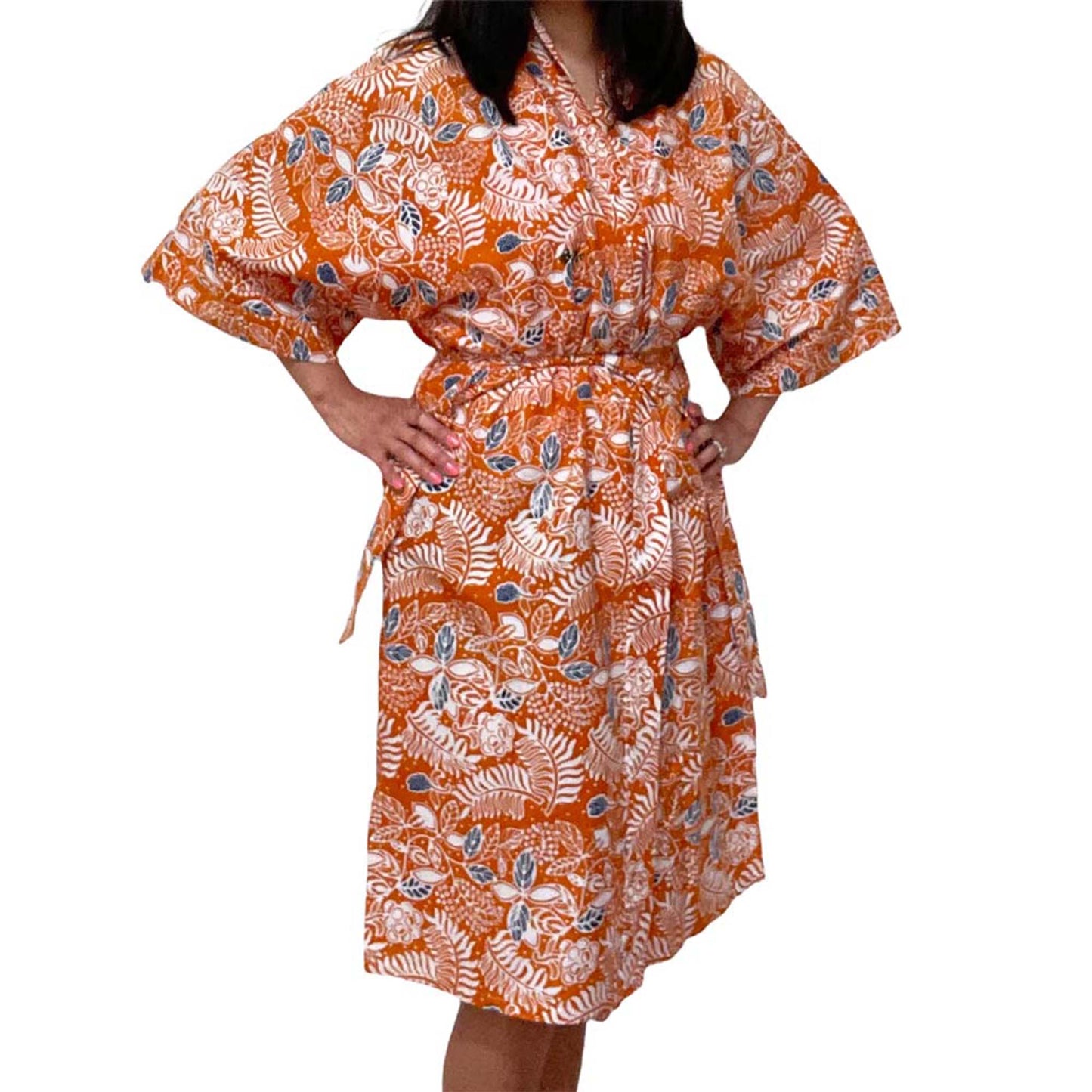 Handmade Batik Robe Kimono, Orange Carnelian, Hand Dyed, 100% Cotton, Clementine
