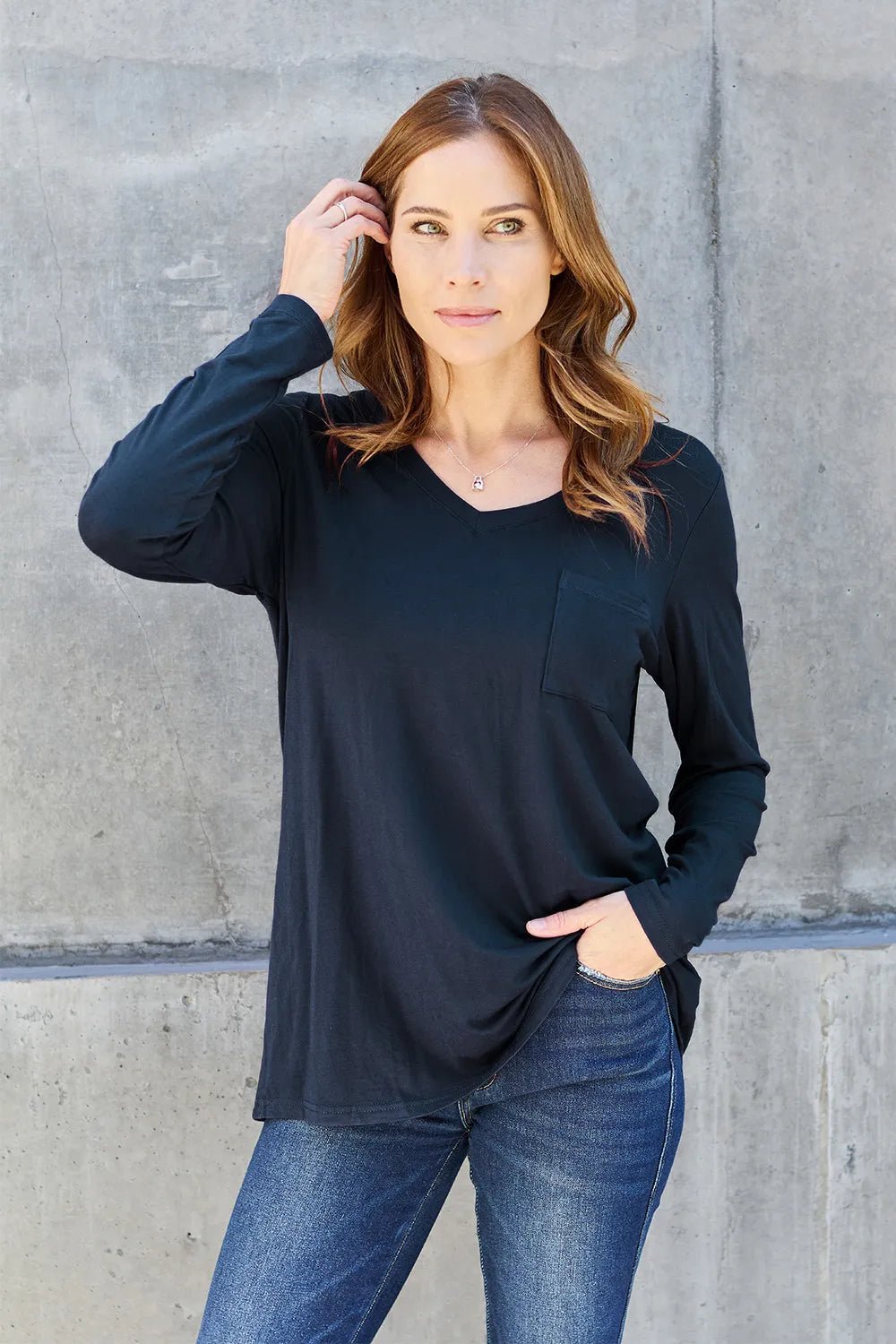 Basic Bae Full Size V - Neck Long Sleeve Top - PBNJ FASHIONS